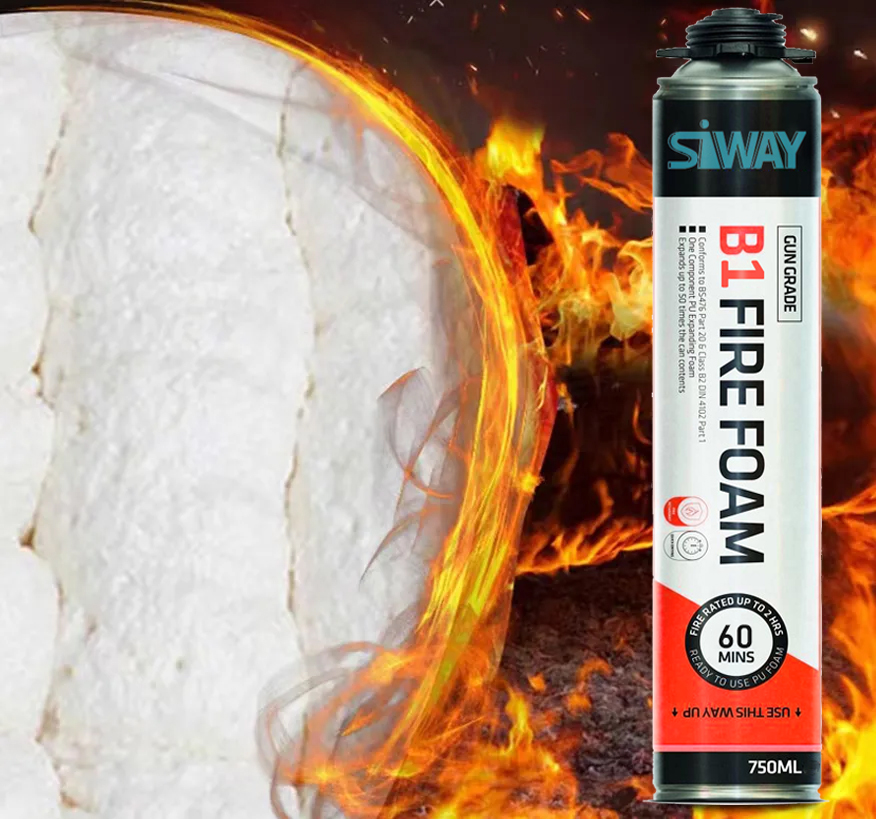 B1-FR special polyurethane foam sealant for fire engineering, self-extinguishing from fire, high safety factor. Mainly used in places with flame retardant requirements, also suitable for fixation, sound insulation, thermal insulation, sealing, moisture-proof, dust-proof, gas isolation, filling structural vacancies, engineering holes and various cracks, etc. (The wooden door shall be installed in strict accordance with the wooden door installation specification. For details, please call our customer service department).