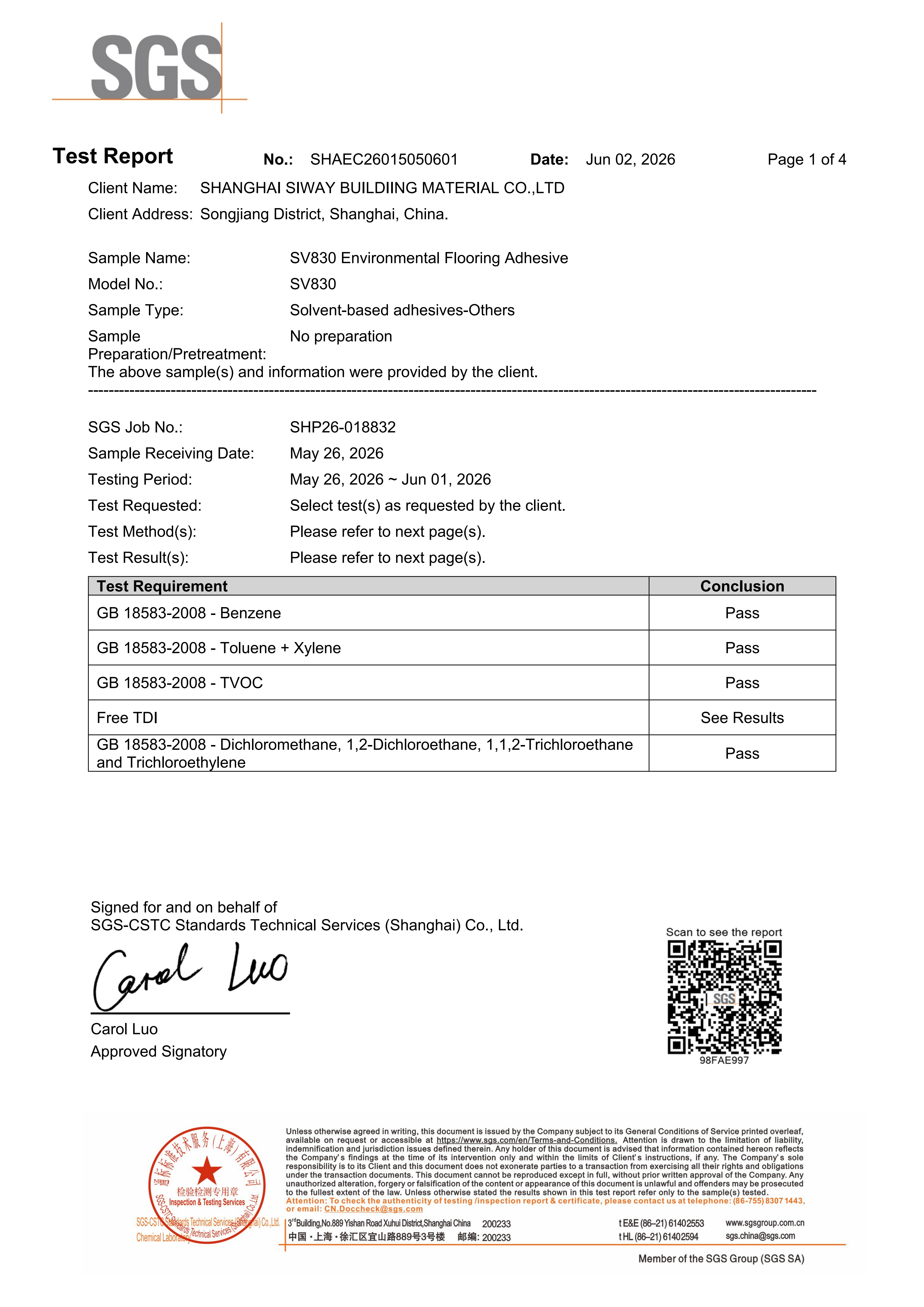 SV830 MS  Flooring Adhesive Test Report