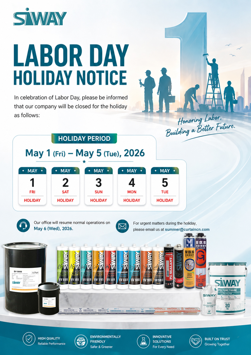 Siway Sealants Labor Day 2026 Holiday Notice and Construction Adhesive Products