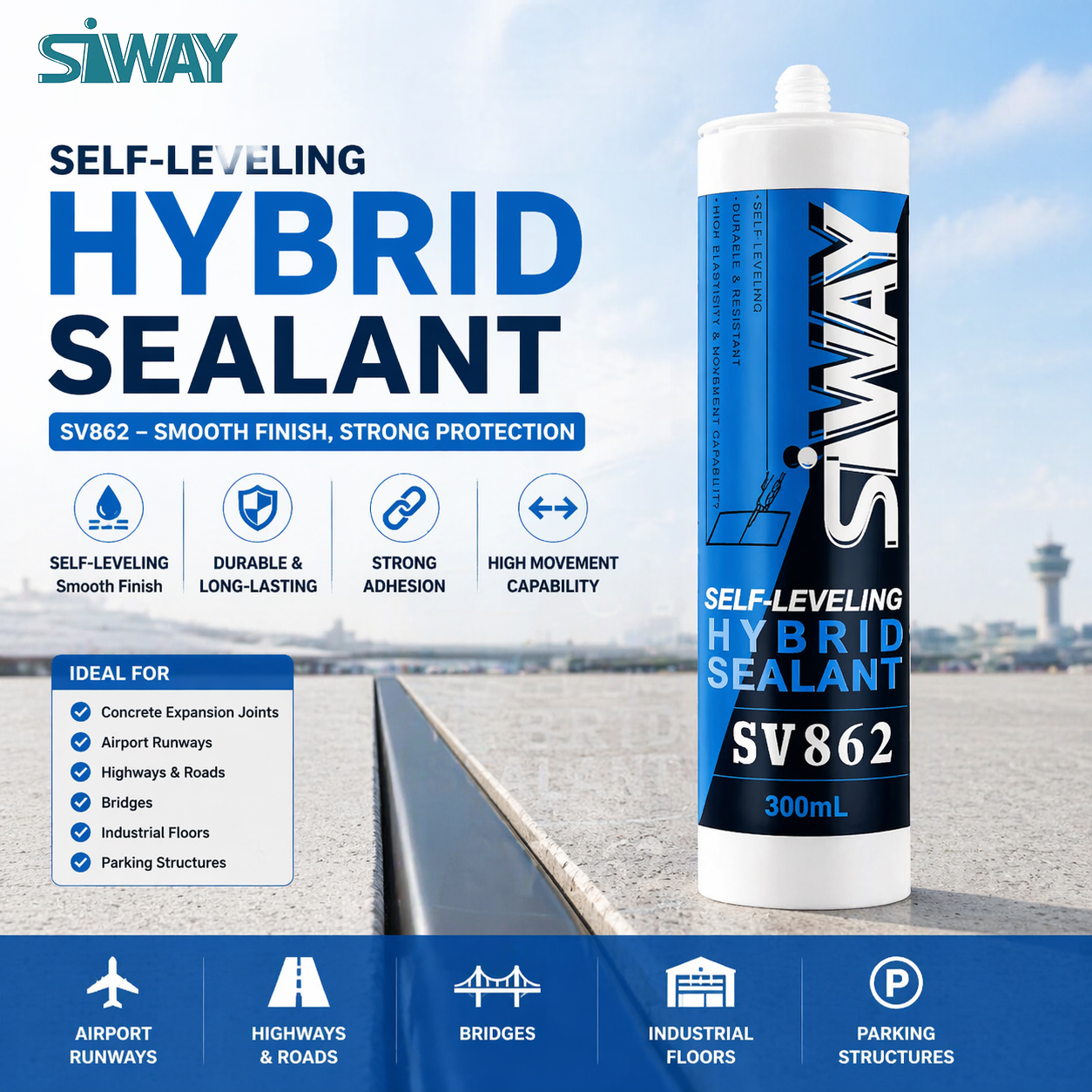 One-component self-leveling, silane modified polymer based sealant ideal for horizontal applications. Its elasticity allows it to absorb continual movements of the structure caused by thermal changes without problems of cracking.